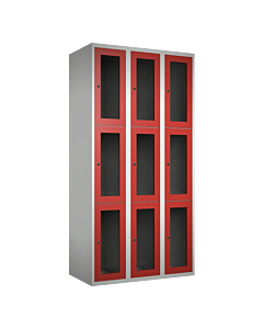 Metalen locker met 9 vakken en plexiglas deuren - H.180 x B.90 cm Lichtgrijs (RAL7035) Rood (RAL3000)