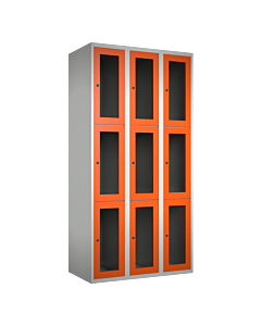 Metalen locker met 9 vakken en plexiglas deuren - H.180 x B.90 cm Lichtgrijs (RAL7035) Oranje (RAL2004)