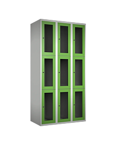 Metalen locker met 9 vakken en plexiglas deuren - H.180 x B.90 cm Lichtgrijs (RAL7035) Groen (RAL6018)