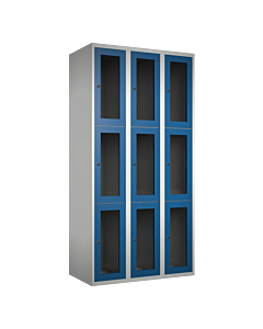 Metalen locker met 9 vakken en plexiglas deuren - H.180 x B.90 cm Lichtgrijs (RAL7035) Blauw (RAL5010)
