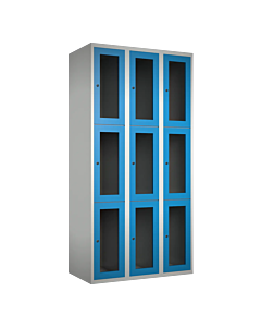 Metalen locker met 9 vakken en plexiglas deuren - H.180 x B.90 cm Lichtgrijs (RAL7035) Lichtblauw (RAL5015)