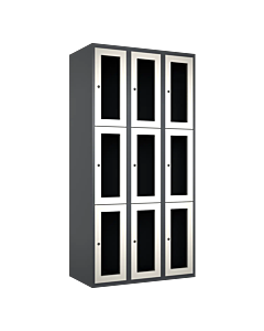 Metalen locker met 9 vakken en plexiglas deuren - H.180 x B.90 cm Antraciet (RAL7024) Wit (RAL9010)