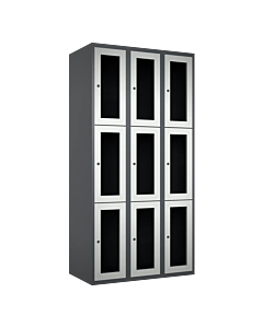 Metalen locker met 9 vakken en plexiglas deuren - H.180 x B.90 cm Antraciet (RAL7024) Lichtgrijs (RAL7035)