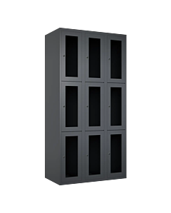 Metalen locker met 9 vakken en plexiglas deuren - H.180 x B.90 cm Antraciet (RAL7024) Antraciet (RAL7024)