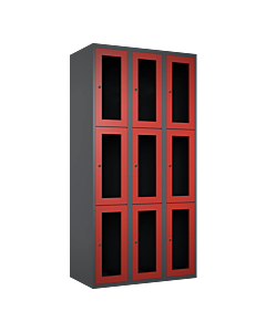 Metalen locker met 9 vakken en plexiglas deuren - H.180 x B.90 cm Antraciet (RAL7024) Rood (RAL3000)