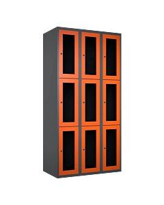 Metalen locker met 9 vakken en plexiglas deuren - H.180 x B.90 cm Antraciet (RAL7024) Oranje (RAL2004)