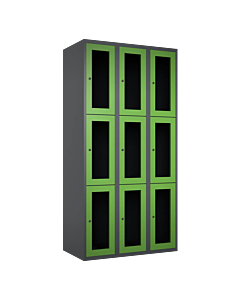 Metalen locker met 9 vakken en plexiglas deuren - H.180 x B.90 cm Antraciet (RAL7024) Groen (RAL6018)