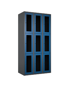 Metalen locker met 9 vakken en plexiglas deuren - H.180 x B.90 cm Antraciet (RAL7024) Blauw (RAL5010)