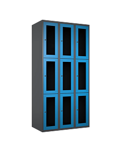 Metalen locker met 9 vakken en plexiglas deuren - H.180 x B.90 cm Antraciet (RAL7024) Lichtblauw (RAL5015)