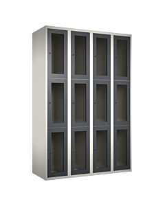 Metalen locker met 12 vakken en plexiglas deuren - H.180 x B.120 cm Wit (RAL9010) Antraciet (RAL7024)
