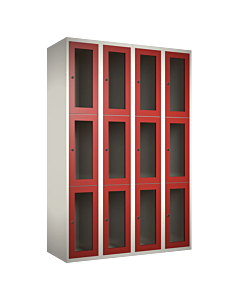 Metalen locker met 12 vakken en plexiglas deuren - H.180 x B.120 cm Wit (RAL9010) Rood (RAL3000)