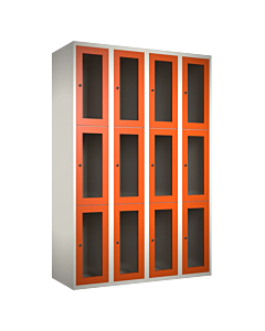 Metalen locker met 12 vakken en plexiglas deuren - H.180 x B.120 cm Wit (RAL9010) Oranje (RAL2004)