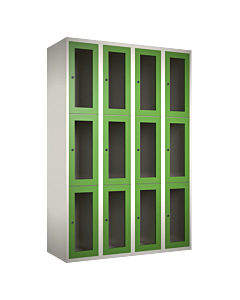 Metalen locker met 12 vakken en plexiglas deuren - H.180 x B.120 cm Wit (RAL9010) Groen (RAL6018)