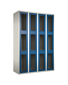 Metalen locker met 12 vakken en plexiglas deuren - H.180 x B.120 cm Wit (RAL9010) Blauw (RAL5010)