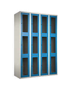 Metalen locker met 12 vakken en plexiglas deuren - H.180 x B.120 cm Wit (RAL9010) Lichtblauw (RAL5015)