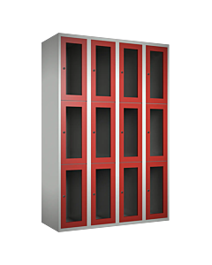 Metalen locker met 12 vakken en plexiglas deuren - H.180 x B.120 cm Lichtgrijs (RAL7035) Rood (RAL3000)