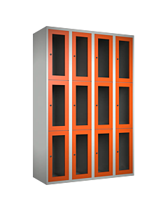 Metalen locker met 12 vakken en plexiglas deuren - H.180 x B.120 cm Lichtgrijs (RAL7035) Oranje (RAL2004)