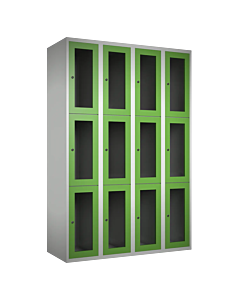 Metalen locker met 12 vakken en plexiglas deuren - H.180 x B.120 cm Lichtgrijs (RAL7035) Groen (RAL6018)