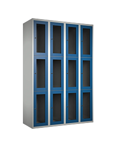 Metalen locker met 12 vakken en plexiglas deuren - H.180 x B.120 cm Lichtgrijs (RAL7035) Blauw (RAL5010)