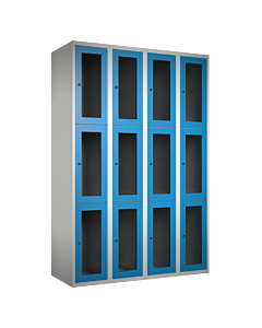 Metalen locker met 12 vakken en plexiglas deuren - H.180 x B.120 cm Lichtgrijs (RAL7035) Lichtblauw (RAL5015)