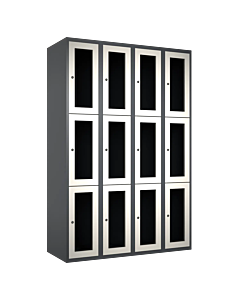 Metalen locker met 12 vakken en plexiglas deuren - H.180 x B.120 cm Antraciet (RAL7024) Wit (RAL9010)