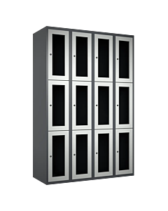 Metalen locker met 12 vakken en plexiglas deuren - H.180 x B.120 cm Antraciet (RAL7024) Lichtgrijs (RAL7035)