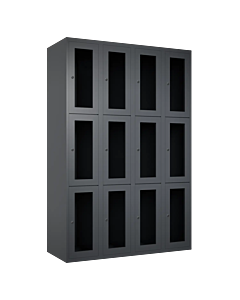 Metalen locker met 12 vakken en plexiglas deuren - H.180 x B.120 cm Antraciet (RAL7024) Antraciet (RAL7024)
