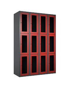 Metalen locker met 12 vakken en plexiglas deuren - H.180 x B.120 cm Antraciet (RAL7024) Rood (RAL3000)