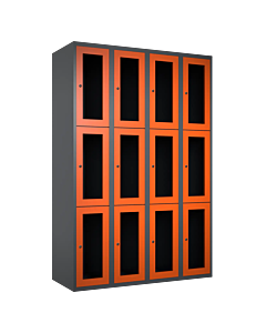 Metalen locker met 12 vakken en plexiglas deuren - H.180 x B.120 cm Antraciet (RAL7024) Oranje (RAL2004)
