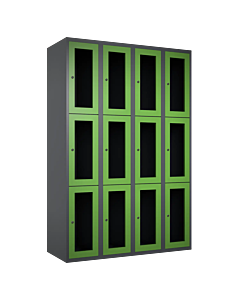Metalen locker met 12 vakken en plexiglas deuren - H.180 x B.120 cm Antraciet (RAL7024) Groen (RAL6018)