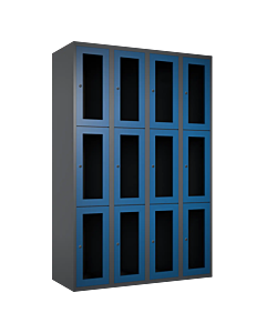 Metalen locker met 12 vakken en plexiglas deuren - H.180 x B.120 cm Antraciet (RAL7024) Blauw (RAL5010)