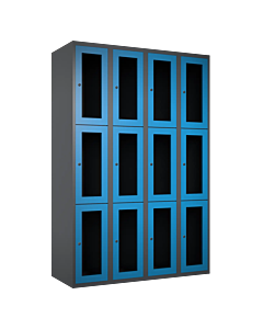 Metalen locker met 12 vakken en plexiglas deuren - H.180 x B.120 cm Antraciet (RAL7024) Lichtblauw (RAL5015)