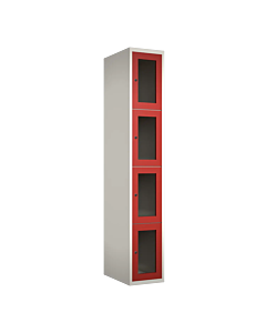 Metalen locker met 4 vakken en plexiglas deuren - H.180 x B.30 cm Wit (RAL9010) Rood (RAL3000)