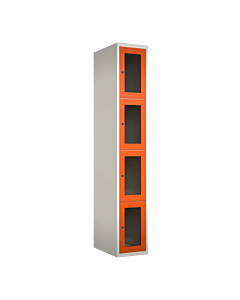Metalen locker met 4 vakken en plexiglas deuren - H.180 x B.30 cm Wit (RAL9010) Oranje (RAL2004)