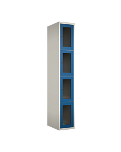 Metalen locker met 4 vakken en plexiglas deuren - H.180 x B.30 cm Wit (RAL9010) Blauw (RAL5010)