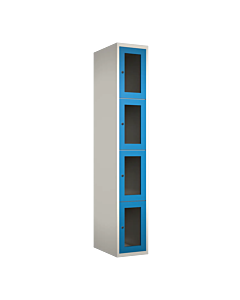 Metalen locker met 4 vakken en plexiglas deuren - H.180 x B.30 cm Wit (RAL9010) Lichtblauw (RAL5015)