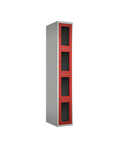 Metalen locker met 4 vakken en plexiglas deuren - H.180 x B.30 cm Lichtgrijs (RAL7035) Rood (RAL3000)