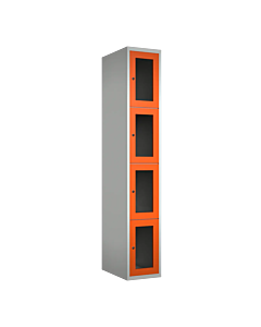 Metalen locker met 4 vakken en plexiglas deuren - H.180 x B.30 cm Lichtgrijs (RAL7035) Oranje (RAL2004)