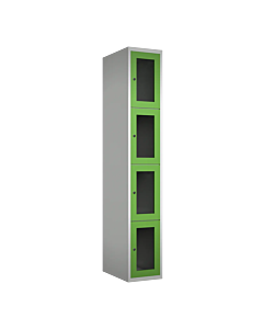 Metalen locker met 4 vakken en plexiglas deuren - H.180 x B.30 cm Lichtgrijs (RAL7035) Groen (RAL6018)