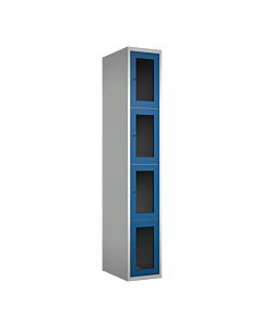 Metalen locker met 4 vakken en plexiglas deuren - H.180 x B.30 cm Lichtgrijs (RAL7035) Blauw (RAL5010)