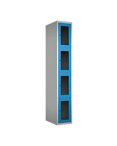 Metalen locker met 4 vakken en plexiglas deuren - H.180 x B.30 cm Lichtgrijs (RAL7035) Lichtblauw (RAL5015)