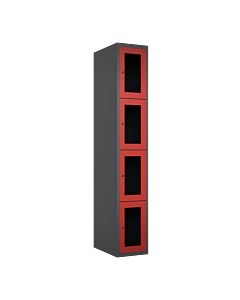 Metalen locker met 4 vakken en plexiglas deuren - H.180 x B.30 cm Antraciet (RAL7024) Rood (RAL3000)