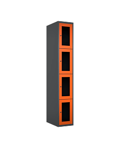 Metalen locker met 4 vakken en plexiglas deuren - H.180 x B.30 cm Antraciet (RAL7024) Oranje (RAL2004)