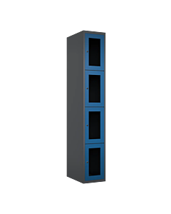 Metalen locker met 4 vakken en plexiglas deuren - H.180 x B.30 cm Antraciet (RAL7024) Blauw (RAL5010)