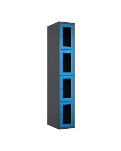 Metalen locker met 4 vakken en plexiglas deuren - H.180 x B.30 cm Antraciet (RAL7024) Lichtblauw (RAL5015)