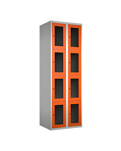 Metalen locker met 8 vakken en plexiglas deuren - H.180 x B.60 cm Lichtgrijs (RAL7035) Oranje (RAL2004)