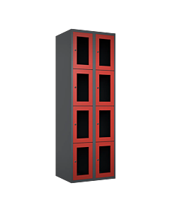 Metalen locker met 8 vakken en plexiglas deuren - H.180 x B.60 cm Antraciet (RAL7024) Rood (RAL3000)