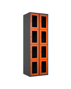Metalen locker met 8 vakken en plexiglas deuren - H.180 x B.60 cm Antraciet (RAL7024) Oranje (RAL2004)