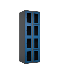 Metalen locker met 8 vakken en plexiglas deuren - H.180 x B.60 cm Antraciet (RAL7024) Blauw (RAL5010)