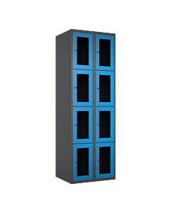 Metalen locker met 8 vakken en plexiglas deuren - H.180 x B.60 cm Antraciet (RAL7024) Lichtblauw (RAL5015)